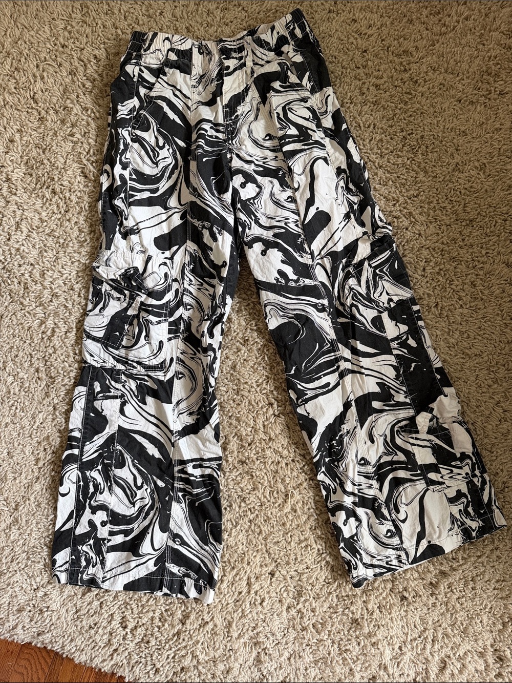 Forever 21 Black and White Marble Print Wide Leg Cargo Pants